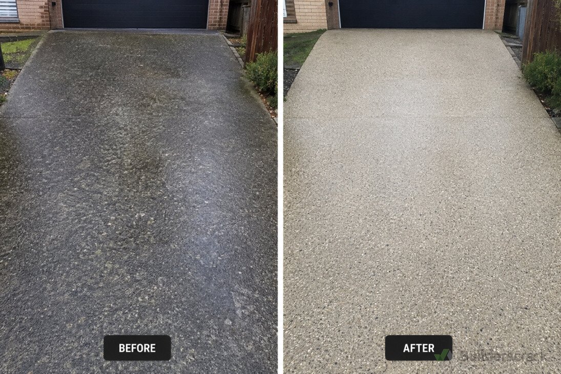 Concrete driveway shown dirty before water blasting and clean after.